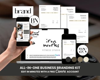 Lot de petites entreprises avec logos modifiables dans des documents commerciaux Canva, un guide de marque professionnel et un agenda hebdomadaire