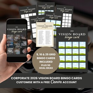 May include: A person's hand holding a smartphone showing a 2026 Vision Board Bingo Card. Several printed bingo cards and a prompts card are arranged around the phone. Text includes "9, 16 & 25 grid bingo cards included plus 50 goal ideas."