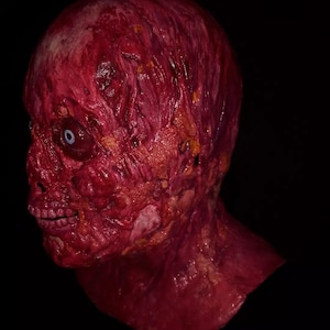 Pu&ograve; includere: Una maschera realistica e raccapricciante che raffigura un volto in decomposizione con carne esposta e un singolo occhio visibile. La maschera &egrave; principalmente rossa con aree gialle e bianche, su uno sfondo nero. La bocca &egrave; aperta, rivelando i denti.