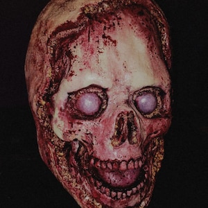 Op de afbeelding: Een gedetailleerd, realistisch schedelmasker met een gruwelijke uitstraling. Het masker heeft een mix van rode, bruine en beige tinten, met zichtbare tanden en oogkassen. De ogen zijn lichtpaars. Het totale effect is een horror-thema prop.