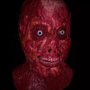 Pu&ograve; includere: Una spaventosa maschera di Halloween, in tonalit&agrave; rosse, raffigurante un volto in decomposizione con carne esposta. La maschera presenta ampie orbite blu, una bocca spalancata che rivela i denti e un aspetto strutturato e invecchiato. La maschera &egrave; ambientata su uno sfondo nero.