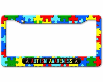 Autism Awareness License Plate Frame – Colorful Puzzle Car Tag Frame Gift