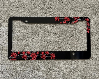 Black License Plate Frame with Red Floral Design – Aluminum Car Accessory