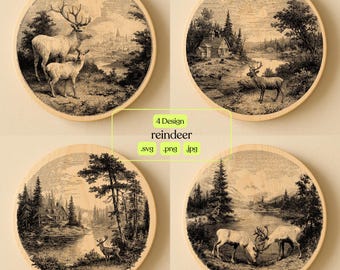 Reindeer Engraving Designs | Rustic Deer Scene Clipart (SVG, PNG, JPG)