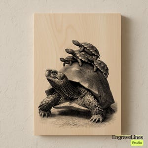 May include: A black and white illustration of a large tortoise carrying several smaller tortoises on its back, printed on a light-colored wooden panel. The artwork has a vintage, detailed style, with the artist's signature in the bottom right corner.