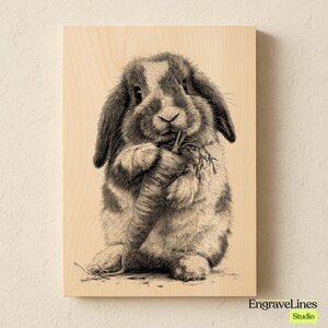 May include: A sepia-toned wood panel featuring a detailed illustration of a rabbit holding a carrot. The rabbit has floppy ears and is depicted with a textured, fur-like appearance. The artwork is signed "EngraveLines Studio" in the lower right corner.