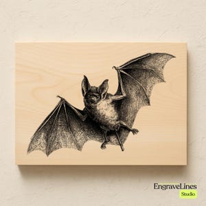 May include: A black and white illustration of a bat with outstretched wings, printed on a light-colored wooden plaque. The bat is depicted in a vintage style, with detailed lines and shading. The image includes the text "EngraveLines Studio".