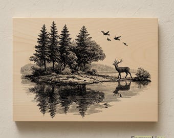 May include: A rectangular wooden wall art piece featuring a black and white illustration of a serene lake scene. A deer stands on the shore, with birds flying above. The artwork includes a reflection in the water and a forest on the left.