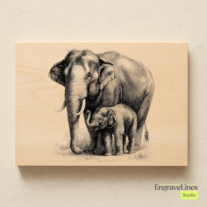 May include: A sepia-toned wooden panel displays an engraved illustration of an adult elephant and a calf. The adult elephant stands over the calf. The artwork is set against a light beige background. The text "EngraveLines Studio" is in the lower right corner.