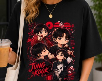 T-shirt Jungkook, chemise Jungkook Chibi, t-shirt mignon fan art kpop, t-shirt graphique de style anime, cadeau pour amateur de musique pop coréenne, t-shirt unisexe