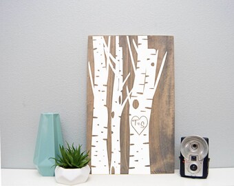 12 x 18 Wood Sign | Carved Initials Birch Tree | Stained and Painted