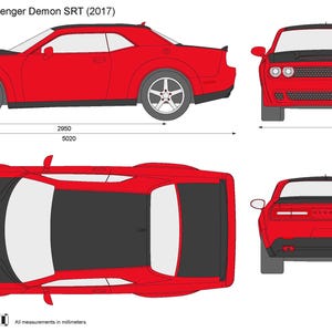 May include: Red Dodge Challenger Demon SRT (2017) blueprint with multiple views, including side, front, top, and rear. Dimensions are provided in millimeters, with the car's length at 5020 mm and height at 1450 mm. The image includes a scale for reference.