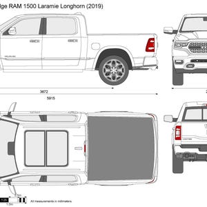 Puede incluir: Dibujo técnico de una camioneta Dodge RAM 1500 Laramie Longhorn (2019), con múltiples vistas y dimensiones en milímetros. La vista lateral muestra una longitud de 5915 mm. La vista frontal muestra una altura de 1968 mm.