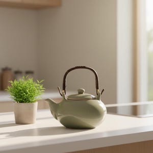 Puede incluir: Una tetera de cerámica verde salvia con un asa tejida y una pequeña planta en maceta. La tetera está sobre una encimera blanca, con una ventana al fondo. La tetera tiene tapa y boquilla.