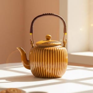 Ceramic Teapot with Strainer | Navy Gold Glaze, Rattan Handle, 800ml