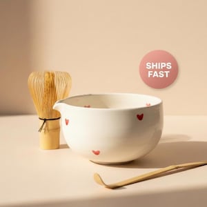 Juego de té matcha de 4 piezas con forma de corazón, hecho a mano, cuencos de cerámica, 450 ml