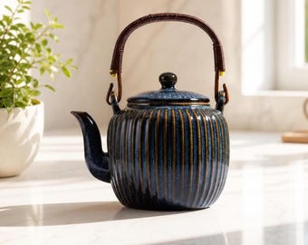 Ceramic Teapot with Strainer | Navy Gold Glaze, Rattan Handle, 800ml