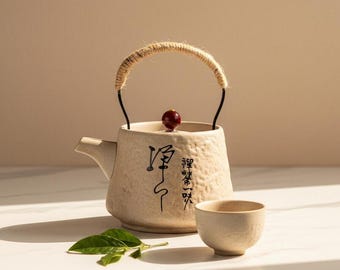 Handgemaakte Japanse keramische theepot 400 ml | Touwhandvat, kalligrafieontwerp, Japandi-theeceremonie