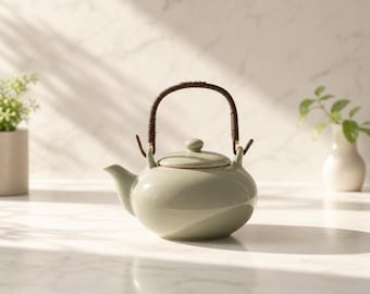 Ceramic Teapot with Rattan Handle, Japanese Loose Leaf Kettle, 450ml Tea Pot