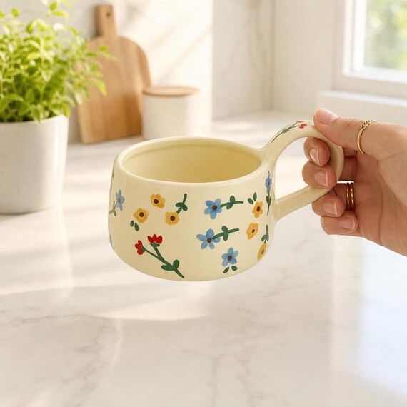 Hand Painted Floral Ceramic Mug, Wildflower Cottagecore Coffee Cup