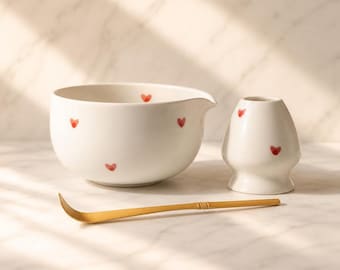 Hand-gefertigtes 4er Herz Matcha Tee Set | Keramik Schüsseln, Matcha Schüssel 450ml