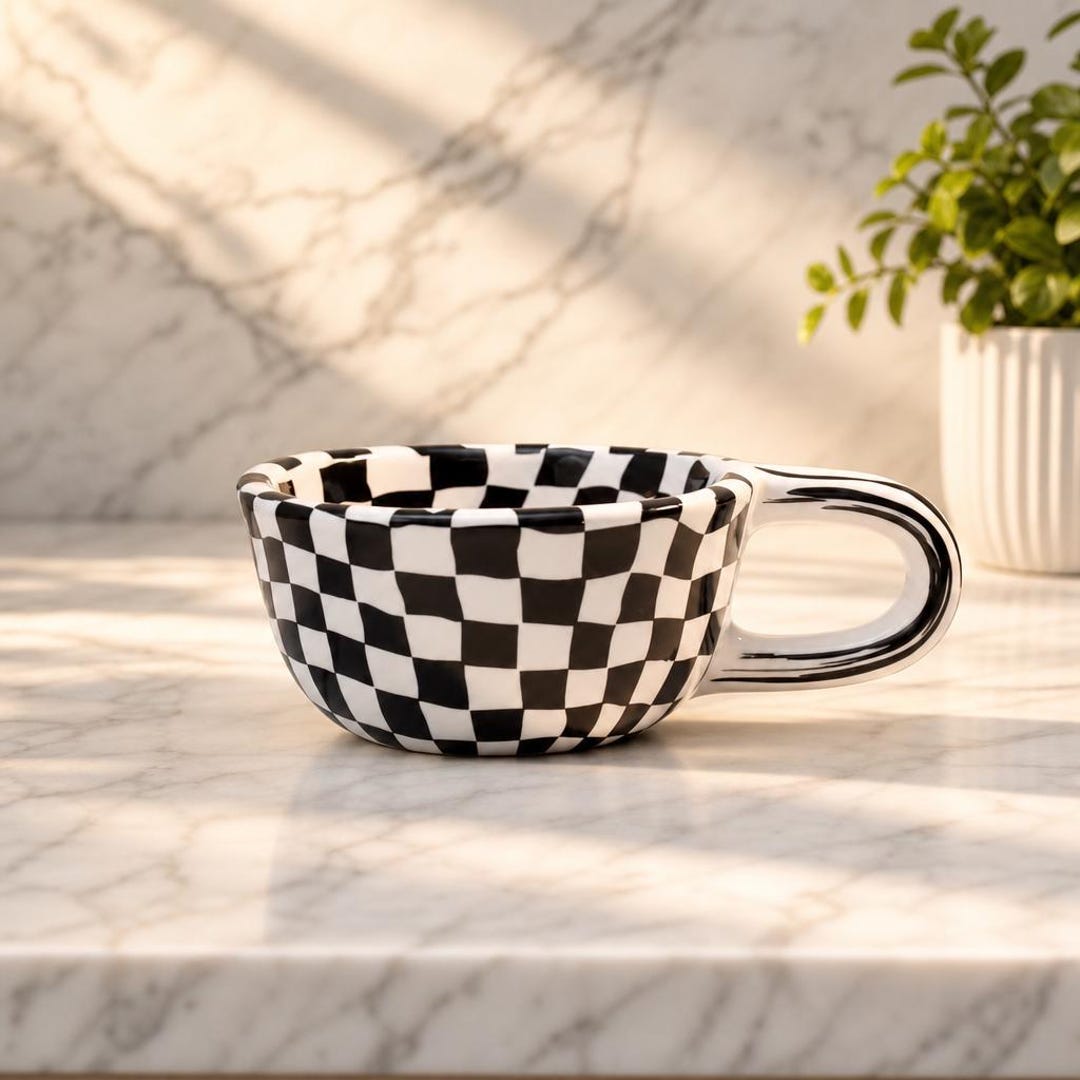 Checkerboard Ceramic Mug, Bold Retro Coffee Cup, Oversized Handle, 12 oz Capacity - Single Mug