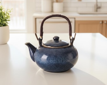 Ceramic Teapot with Rattan Handle, Japanese Loose Leaf Kettle, 450ml Tea Pot