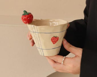 Cute Ceramic Cup Strawberry Cherry Charm - Kawaii Coffee Cup - Aesthetic Ceramic Cup - Cute Gift for Her