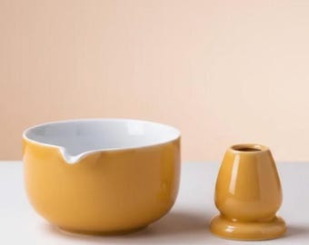 Yellow Ceramic Matcha Bowl Set | Chawan Whisk Holder, 450ml Capacity