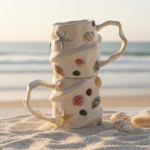Puede incluir: Dos tazas de cerámica blanca apiladas, decoradas con conchas marinas y estrellas de mar. Las tazas tienen asas onduladas únicas y están sobre arena, con un fondo borroso del océano. Tema costero.