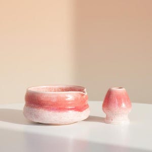 Pink Ceramic Matcha Bowl Set | Rose Blush Chawan with Whisk Holder