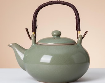 Ceramic Teapot with Rattan Handle, Japanese Loose Leaf Kettle, Blue Galaxy Glaze