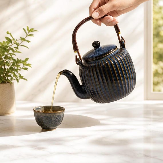Ceramic Teapot with Strainer | Navy Gold Glaze, Rattan Handle, 800ml