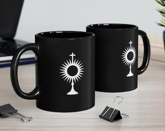 Monstrance Silhouette on Black Ceramic Coffee Cup, Catholic Mug