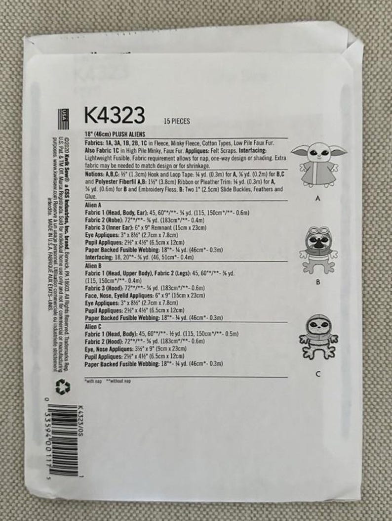 May include: A white pattern envelope for K4323 Plush Aliens, 18" (46cm) tall. The package includes instructions and fabric requirements for making three different alien plush toys. The package also shows illustrations of the finished plush toys.