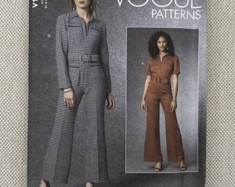 Vogue V1719 Sew Patterns Misses 8-10-12-14-16 Front Zip Close-Fit Flared Jumpsuit & Belt