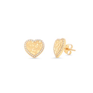 14K Yellow Gold Heart Nugget Earring With Cubic Zirconia Stones