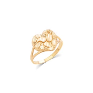 May include: A gold ring featuring a heart-shaped centerpiece with a textured nugget finish. The band is smooth and tapers into a split design where it connects to the heart, showcasing a polished metallic surface throughout the entire piece.