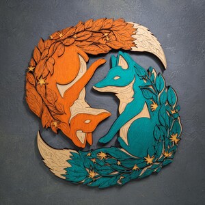 Yin Yang Fuchs Holzwand Kunst Celestial Woodland Decor 3D Schichtholz Wandbehang