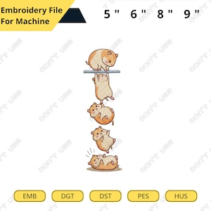 May include: An embroidery file for a machine featuring a cartoon illustration of five hamsters in various poses. The hamsters are in shades of brown and tan. The image includes text indicating sizes: 5", 6", 8", and 9".