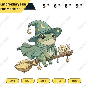May include: An embroidery file for machine use featuring a whimsical frog wizard riding a broom. The frog wears a green hat and cape, with a crescent moon and stars. The image includes size options: 5", 6", 8", and 9".