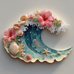 May include: A decorative wall art piece shaped like a wave, featuring a vibrant ocean scene. The wave is adorned with pink hibiscus flowers, seashells, and a starfish. The color palette includes shades of blue, green, and gold, creating a tropical theme.