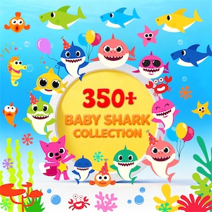 以下が含まれることがあります： 青、黄色、ピンク、緑など、さまざまな色の漫画の赤ちゃんサメが描かれたカラフルなイラスト。画像には、他の海の生き物やパーティーの装飾とともに、黄色の円の中に「350+ BABY SHARK COLLECTION」というテキストが含まれています。