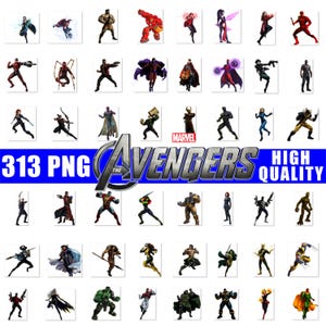 May include: A collection of 313 PNG images of Avengers characters, including Iron Man, Captain America, and Black Widow. The images are high quality and feature various action poses. The Avengers logo is prominently displayed.