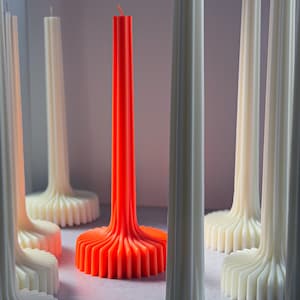 Neon Bright Orange Sculptural Minimalist Striped Taper Pillar Candle with Fluted Base, Handmade, Unscented