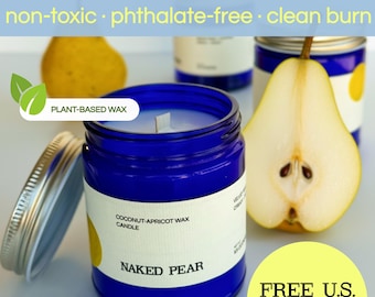 Pear Candle, Coconut Apricot Wax, Wood Wick, Cobalt Blue Glass Container, Gift, 8oz/210g