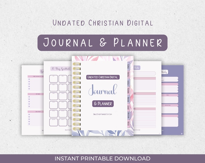 Featured listing image: Undated Christian Digital Journal Planner: 30 + Bible Study Worksheets, Planner Printables, Sermon Notes, SOAP, Books of the Bible Tracker
