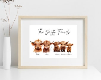 Personalized Family Prints | Unframed Highland Cow | Wall Art | Wall Decor | Printed and Shipped