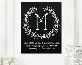 Instant "Family Monogram Scripture" Chalkboard Wall Art Print 8x10 Typography Letter "M" Printable Home Decor