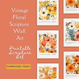 Set of 5 Christian Wall Art Bundle Floral, Gallery Wall Set, Vintage Prints, Printable Wall Art, Bible Verse Wall Art, Christian Merch Gift